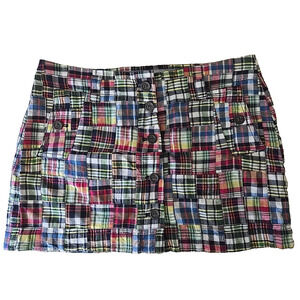 J Crew Patchwork Madras Mini Skirt Size 10 Classic Preppy Plaid Button Front